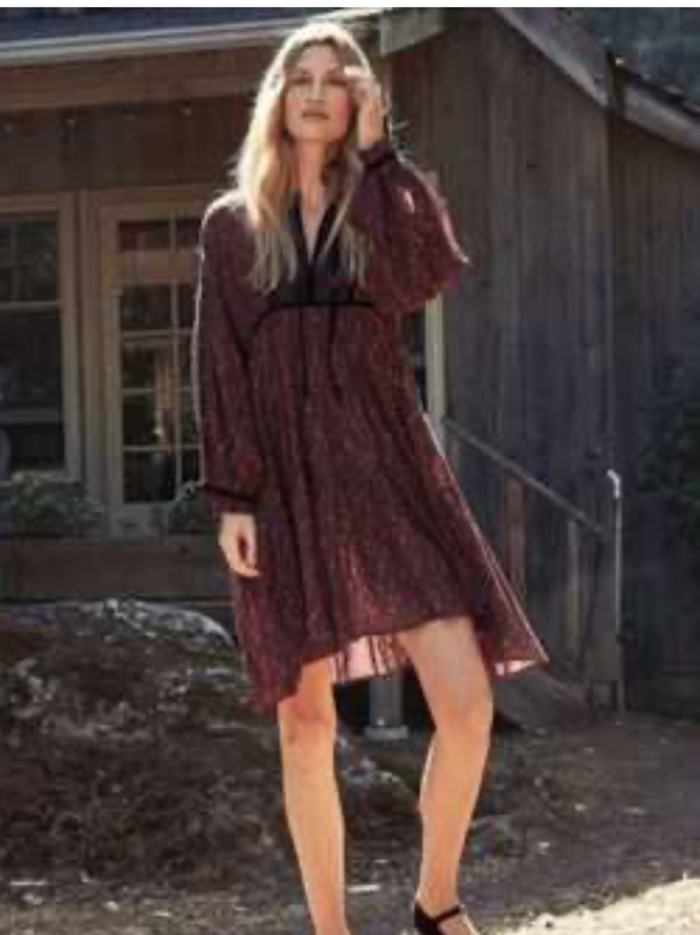 Doen Burgundy Floral Long Sleeve Tiered Mini Dress - Picture 10 of 11